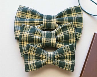 Green Plaid Dog Bow Tie Collar Accessory | Handmade Pet Outfit for Dogs & Cats