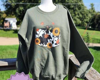 Cow Print Pumpkin Sweatshirt, Sunflower Autumn Crewneck, Western Fall Shirt
