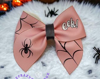 Pink Faux Leather Spiderweb Halloween Bow, Eek! Ghost Accent, Toddler Hair Clip