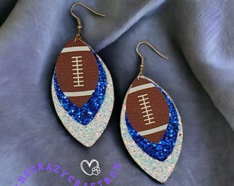 Football Glitter Earrings Blue & White Football Earrings Sports Fan Accessories