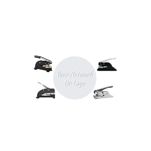 May include: Four different metal and black seal presses are displayed against a white background. The presses have a lever handle and a circular base. A white circle in the centre has the text "Your Artwork Or Logo".