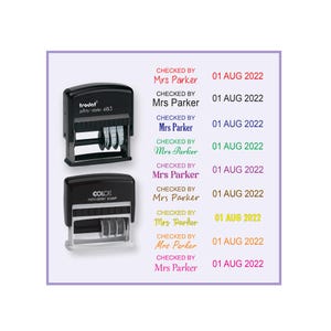 May include: Two self-inking date stamps, one black and one dark grey, with the text "CHECKED BY Mrs Parker 01 AUG 2022" in various colours. The stamps are on a white background with a purple border.