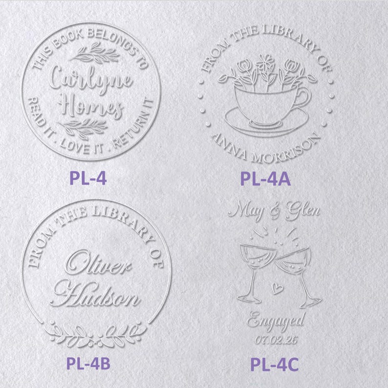 May include: Four circular and decorative embossed designs on a textured white surface. The designs include text such as This Book Belongs To Carlyne Homes, From The Library Of Anna Morrison, From The Library Of Oliver Hudson, and May & Glen Engaged.