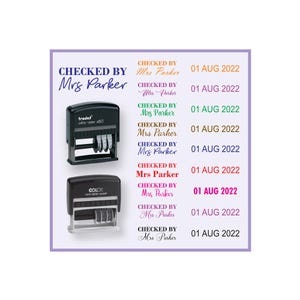 May include: Two self-inking stamps, one black and one dark grey, with the text "CHECKED BY Mrs Parker" and the date "01 AUG 2022" in various colours. The stamps are on a light purple background.