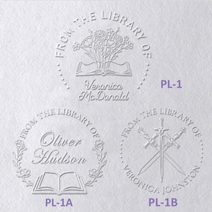 May include: Three circular embossed designs on white paper. Top: flowers in an open book with text 'FROM THE LIBRARY OF Veronica McDonald'. Bottom left: a book with floral wreath and 'FROM THE LIBRARY OF Oliver Hudson'. Bottom right: crossed swords with 'FROM THE LIBRARY OF Veronica Johnston'.