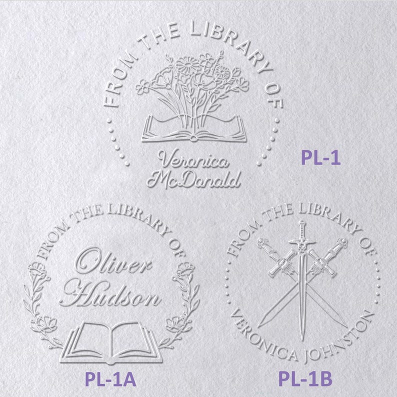 May include: Three circular embossed designs on white paper. Top: flowers in an open book with text 'FROM THE LIBRARY OF Veronica McDonald'. Bottom left: a book with floral wreath and 'FROM THE LIBRARY OF Oliver Hudson'. Bottom right: crossed swords with 'FROM THE LIBRARY OF Veronica Johnston'.