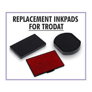 May include: Three replacement ink pads for Trodat stamps. One is black, one is red, and one is round.