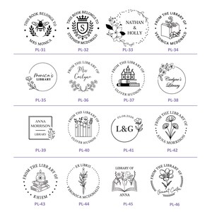 May include: A collection of sixteen circular and square black ink stamp designs featuring personalized text, floral motifs, books, and various icons like bees, crowns, and swords, each labeled with a unique code from PL-31 to PL-46 for identification.