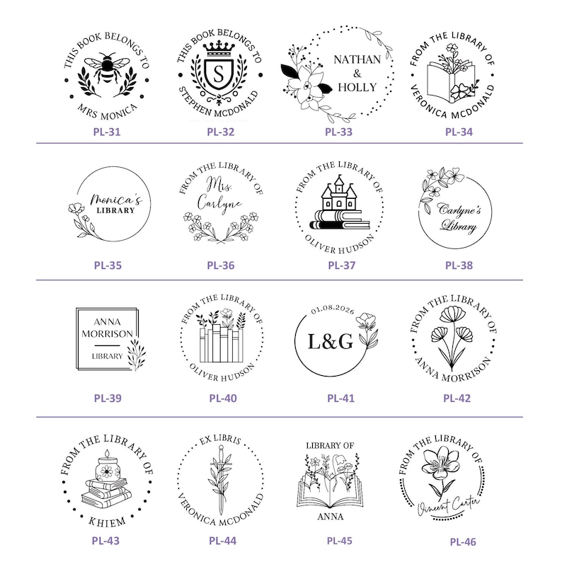 May include: A collection of sixteen circular and square black ink stamp designs featuring personalized text, floral motifs, books, and various icons like bees, crowns, and swords, each labeled with a unique code from PL-31 to PL-46 for identification.