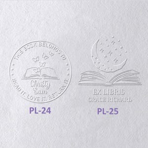 May include: Two circular and rectangular embossed book stamps on white paper. The left stamp features an open book, butterflies, and the text THIS BOOK BELONGS TO CHRISTY SAM READ IT LOVE IT RETURN IT PL-24. The right stamp shows a crescent moon, stars, an open book, and EX LIBRIS GRACE RICHARD PL-25.