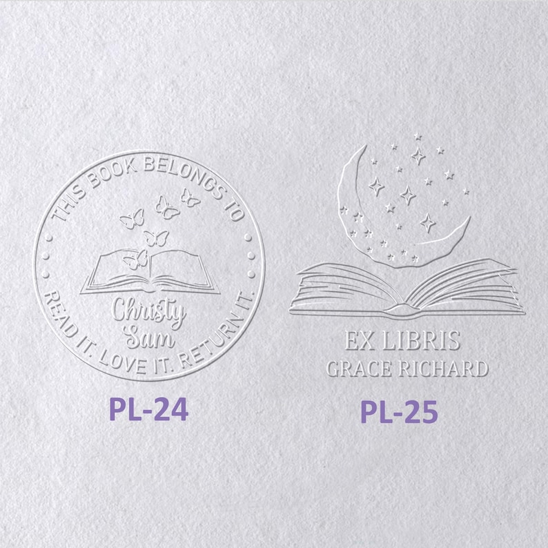May include: Two circular and rectangular embossed book stamps on white paper. The left stamp features an open book, butterflies, and the text THIS BOOK BELONGS TO CHRISTY SAM READ IT LOVE IT RETURN IT PL-24. The right stamp shows a crescent moon, stars, an open book, and EX LIBRIS GRACE RICHARD PL-25.
