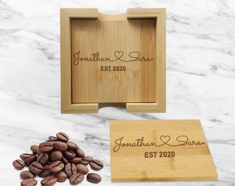 Coaster Set with Box Bamboo Coasters Engraved Wooden Coasters Personalised Gift Coaster Custom Coaster Anniversary Gift Coaster Wedding Gift