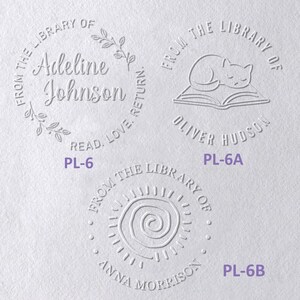 May include: Three circular embossed designs on white paper. PL-6 features the text Adeline Johnson, From the Library of, and Read, Love, Return with leaf accents. PL-6A shows a cat on a book with Oliver Hudson. PL-6B displays a sun with Anna Morrison.