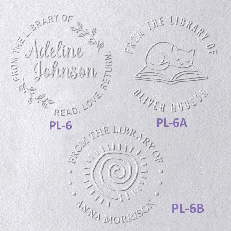May include: Three circular embossed designs on white paper. PL-6 features the text Adeline Johnson, From the Library of, and Read, Love, Return with leaf accents. PL-6A shows a cat on a book with Oliver Hudson. PL-6B displays a sun with Anna Morrison.