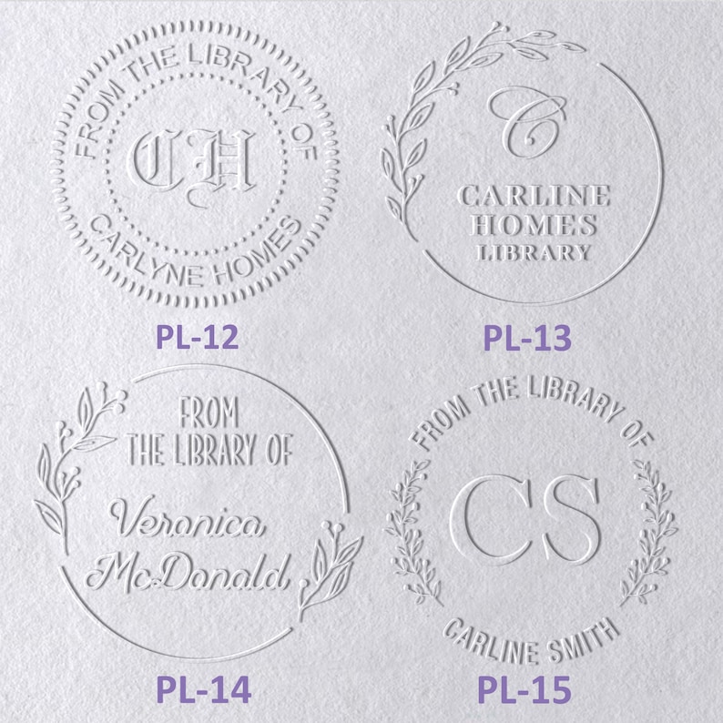 May include: Four circular embossed library stamp designs on white paper. PL-12 features 'FROM THE LIBRARY OF CARLYNE HOMES' with 'CH'. PL-13 shows 'CARLINE HOMES LIBRARY' with 'C' and a leaf wreath. PL-14 displays 'FROM THE LIBRARY OF Veronica McDonald'. PL-15 shows 'FROM THE LIBRARY OF CARLINE SMITH' with 'CS' and a leaf wreath.