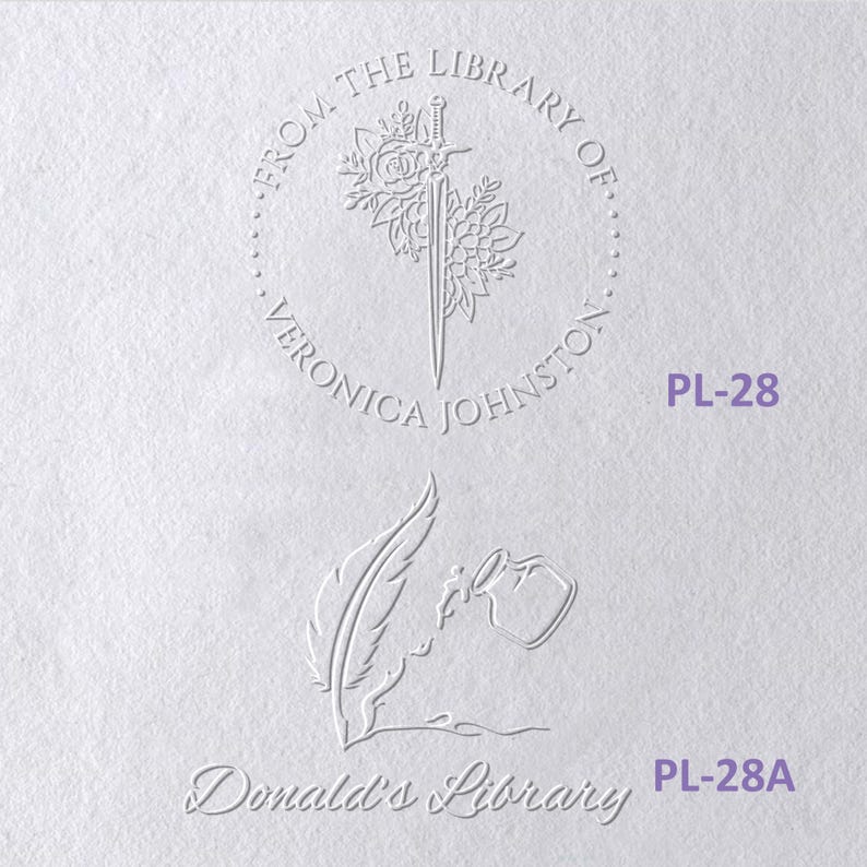 May include: Two white embossed paper designs. The top design is a circular stamp reading FROM THE LIBRARY OF VERONICA JOHNSTON with a sword and rose illustration. The bottom design features a quill and inkwell with the text Donald's Library.