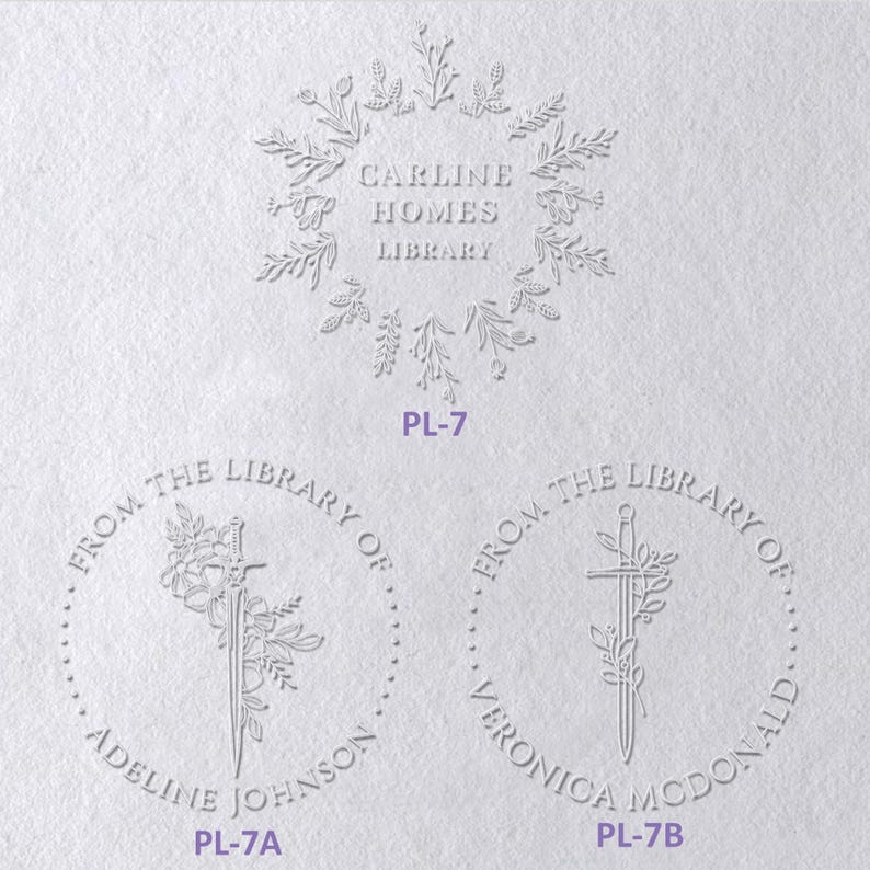 May include: Three white embossed paper designs. Top design features a floral wreath surrounding the text CARLINE HOMES LIBRARY and label PL-7. Bottom left design shows a sword with flowers, text FROM THE LIBRARY OF ADELINE JOHNSON and PL-7A. Bottom right shows a sword with flowers, text FROM THE LIBRARY OF VERONICA MCDONALD and PL-7B.