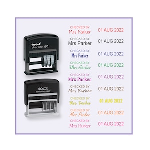 personalized name and date stamp custom checked by teacher name stamps,  Teacher checked stamp, adjust date stamp, stamp for teacher