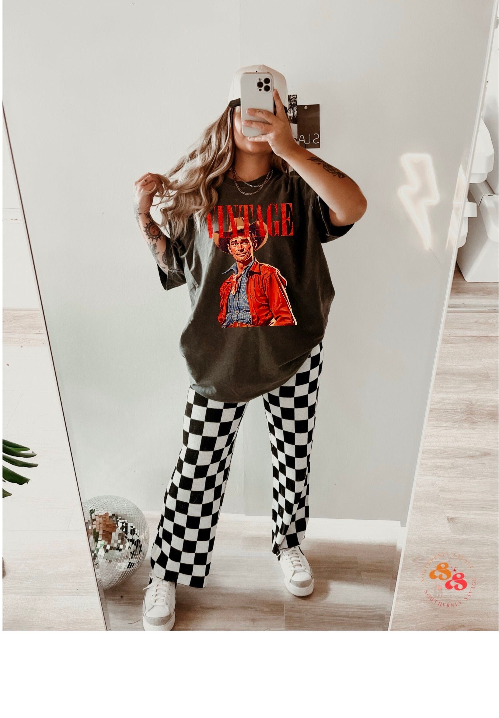 Vintage Western Art Soft Casual Contrasting Colors Patchwork T-Shirt main image 1