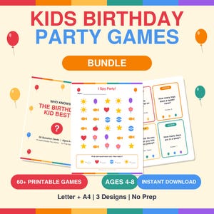 Kids Birthday Party Games Bundle, 60+ Printable Games Ages 4-8, Scavenger Hunt, Trivia, Bingo, Party Extras, Instant Download PDF