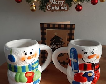 Vintage Snowman Coffee Mug Set, Bay Island Snowman made in China, Snowman Mugs Green and Red, Holiday Mugs, Snowman Mug Set Bay Island