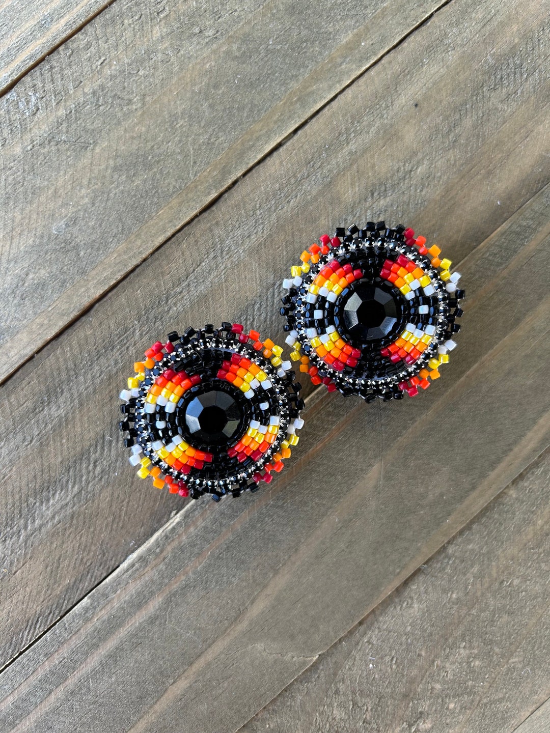 Small Black With Fire Color Beaded Earrings Etsy