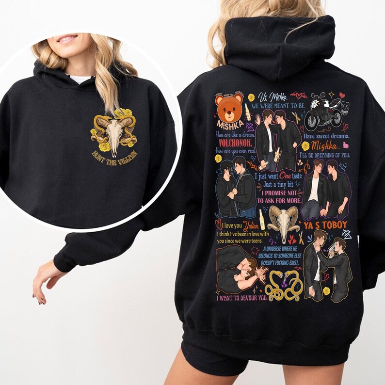 May include: Black hoodie with a graphic design featuring text and illustrations. The front has a ram skull and the words "HUNT THE VILLION". The back has illustrations of people and text, including "Mishka" and "Ya S Toboy".