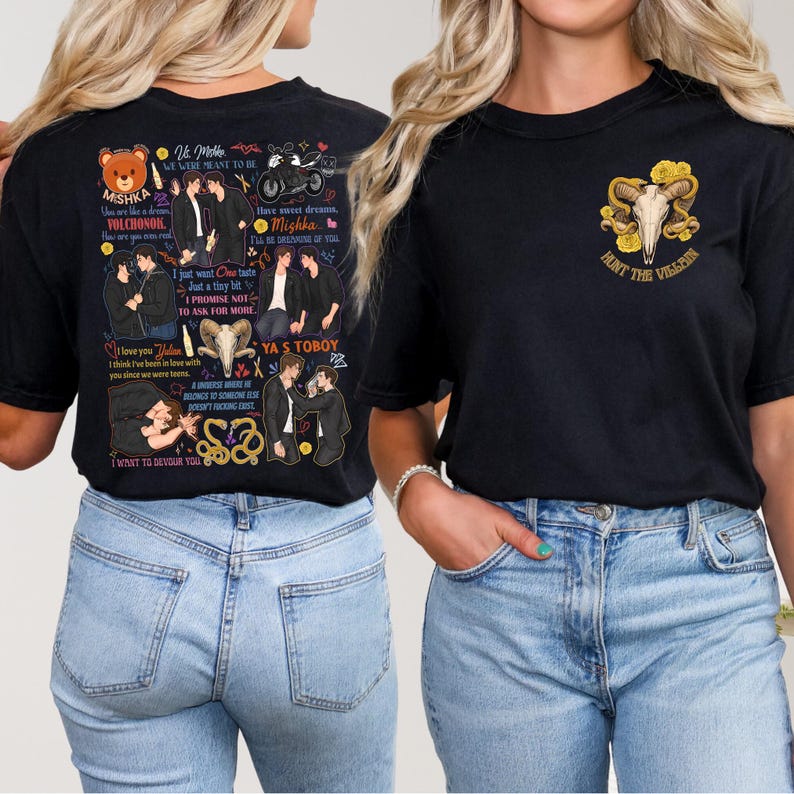 May include: Black t-shirts with graphic designs. One shirt features a skull with yellow roses and the text "HUNT THE VILLAIN." The other shirt has a collage of images and text, including "MISHKA" and "YA S TOBOY."