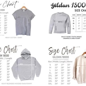 May include: Size charts for Gildan apparel, including t-shirts, sweatshirts, and hoodies. Measurements in inches are provided for width, length, and sleeve length. The charts include sizes from XS to 5XL.