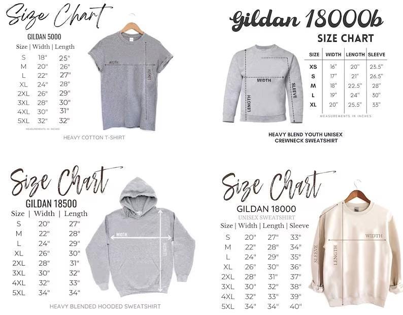 May include: Size charts for Gildan apparel, including t-shirts, sweatshirts, and hoodies. Measurements in inches are provided for width, length, and sleeve length. The charts include sizes from XS to 5XL.
