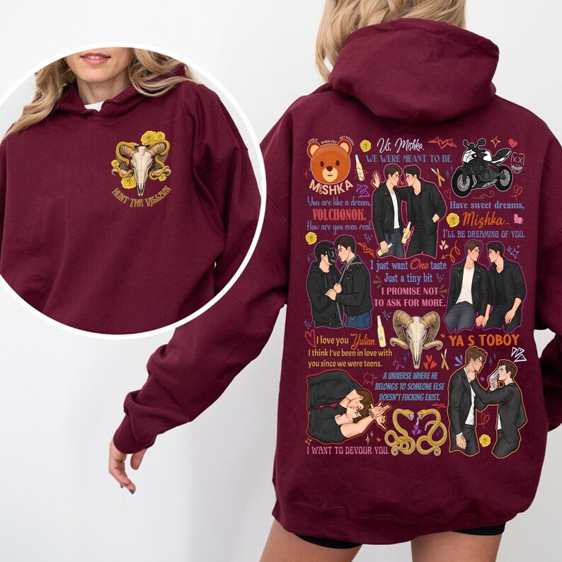 May include: Burgundy hoodie with a graphic design featuring a skull, text, and illustrations. The front of the hoodie says "HUNT THE VILLAIN". The back has text and illustrations including a bear, motorcycle, and couples.