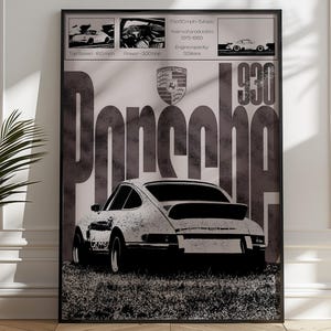 May include: A black and white poster with a vintage aesthetic featuring a Porsche 930. The poster includes the text "Porsche 930", "Top Speed 160mph", "Power 300bhp", "0-60mph 5.4secs", "Years of Production 10/75-1989", and "Engine Capacity 3.3 Litres".