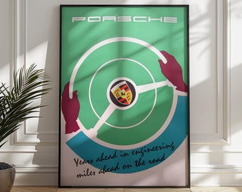 Porsche Steering Wheel Poster, Retro Automotive Wall Art (Digital Print)
