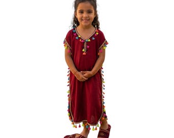 Caftán marroquí para niñas – Vestido bohemio con borlas multicolores – Gandora tradicional hecha a mano – 4 colores – Tallas de 2 a 6 años