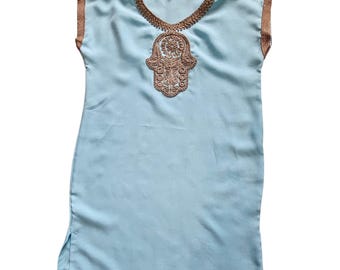 Moroccan Gandora for Girls – Sky Blue Dress with Gold Hand of Fatima Embroidery – Traditional Eid Outfit – Size 3-4 Years