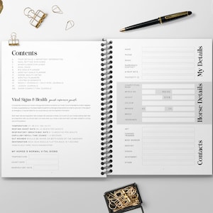 May include: A white and gray horse journal with a spiral binding. The journal has sections for horse details, contacts, and vital signs. The cover has the text "Contacts" and "Horse Details" in black.