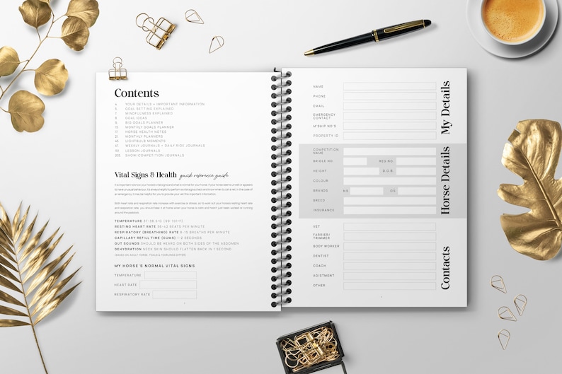 May include: A white and gray horse journal with a spiral binding. The journal has sections for horse details, contacts, and vital signs. The cover has the text "Contacts" and "Horse Details" in black.