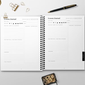 May include: A white spiral bound journal with the title "Lesson Journal" printed on the cover. The journal has sections for date, time, weather, what was learned, key takeaways, exercises, and further notes.