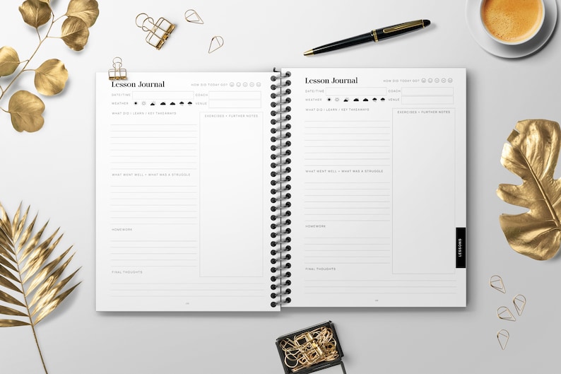 May include: A white spiral bound journal with the title "Lesson Journal" printed on the cover. The journal has sections for date, time, weather, what was learned, key takeaways, exercises, and further notes.
