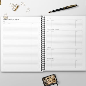 May include: A white spiral bound notebook with the title "Horse Health Notes" on the cover. The notebook has sections for vet visits, dental care, saddle fitting, worming, and vaccinations.