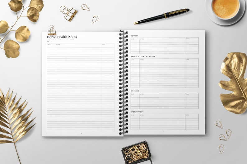 May include: A white spiral bound notebook with the title "Horse Health Notes" on the cover. The notebook has sections for vet visits, dental care, saddle fitting, worming, and vaccinations.