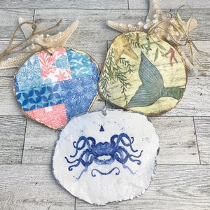Oyster Shell Christmas Ornament, Coastal Christmas, Beach Ornament, Seashell Christmas Ornament, Decoupage Ornament