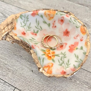 Pink Flowers Oyster Shell Ring Dish, Handmade Decoupaged Trinket Dish, Beach Themed Wedding, Bridal Shower Gift