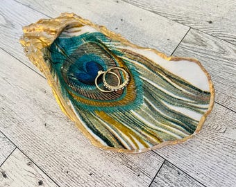 Peacock Oyster Shell Ring Dish, Hostess Gift, Trinket Dish, Party and Wedding Favor, Engagement Gift