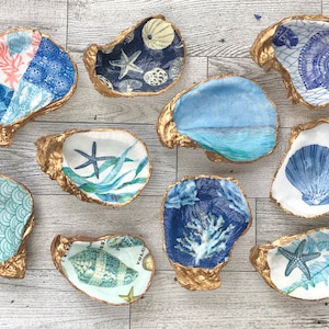 Oyster Shell Ring Dish, Handmade Decoupaged Trinket Dish, Beach Themed Wedding, Bridal Shower Gift, Unique Gift