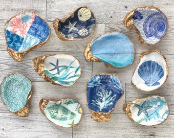 Oyster Shell Ring Dish, Trinket Dish, Coastal Decor, Decoupage Jewelry Tray, Unique Gift