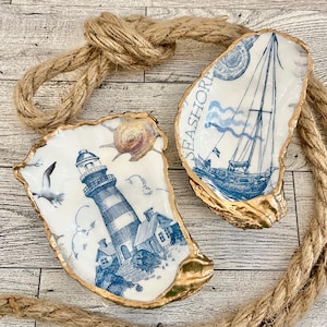 Nautical Oyster Shell Ring Dish- Lighthouse or Sailboat, Handmade Decoupaged Trinket Dish, Beach Themed Wedding, Bridal Shower Gift