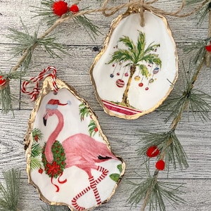 Oyster Shell Christmas Ornament, Coastal Christmas, Beach Ornament, Seashell Christmas Ornament, Flamingo