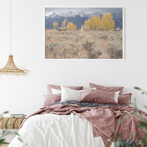 Grand Teton Snowy Mountain Range in Majestic Wyoming Photo to Hang Autumn Fall Trees