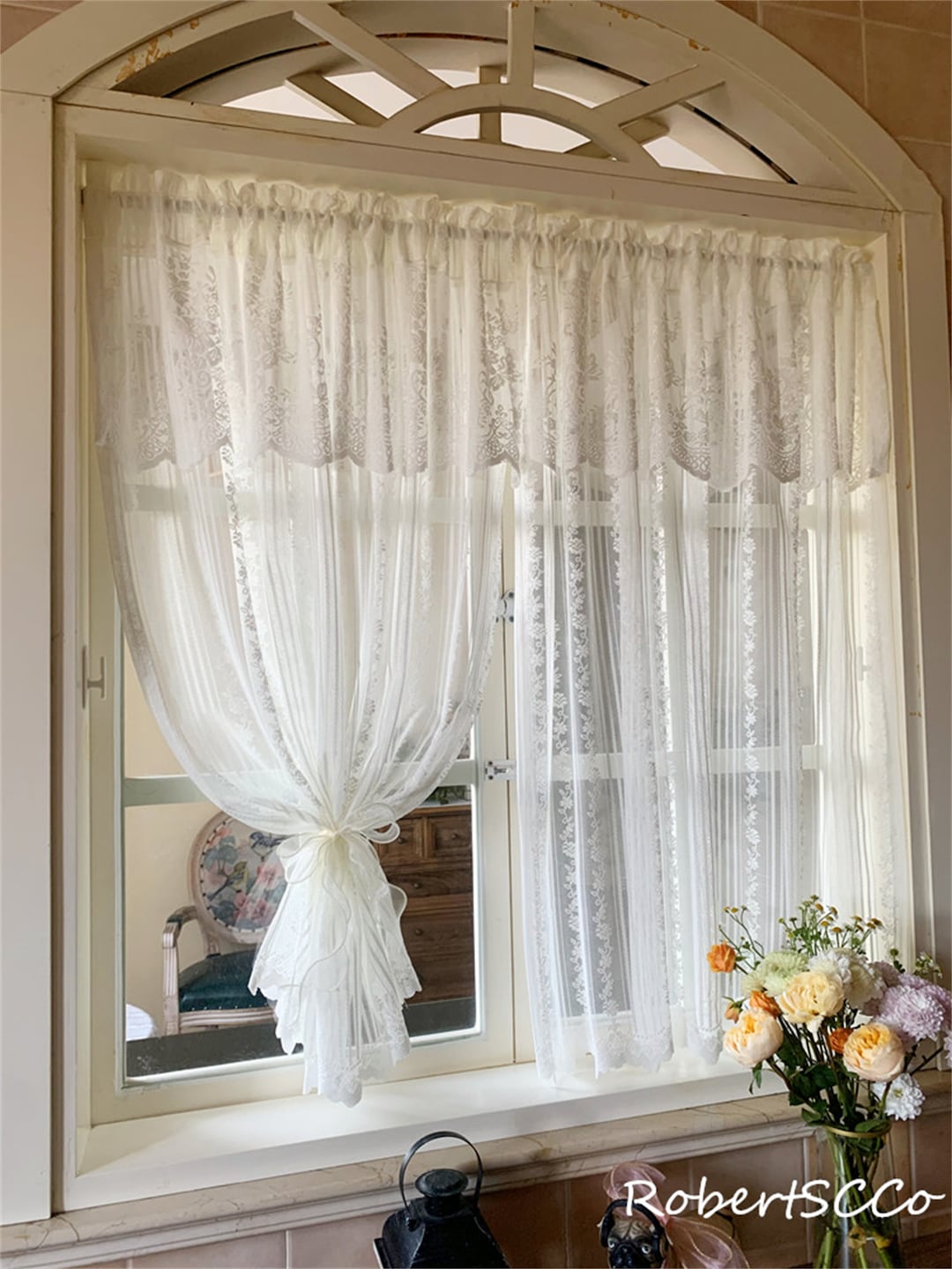 Rose Lace Curtain With Valance Vintage Sheer Floral Lace Curtain Rod ...